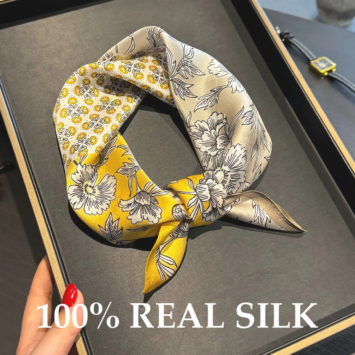 

Новый шарф из 100% натурального чистого шелка, атласная повязка для волос с принтом, галстук, аксессуар для волос, платок, универсальный квадратный шарф, шаль-пончо