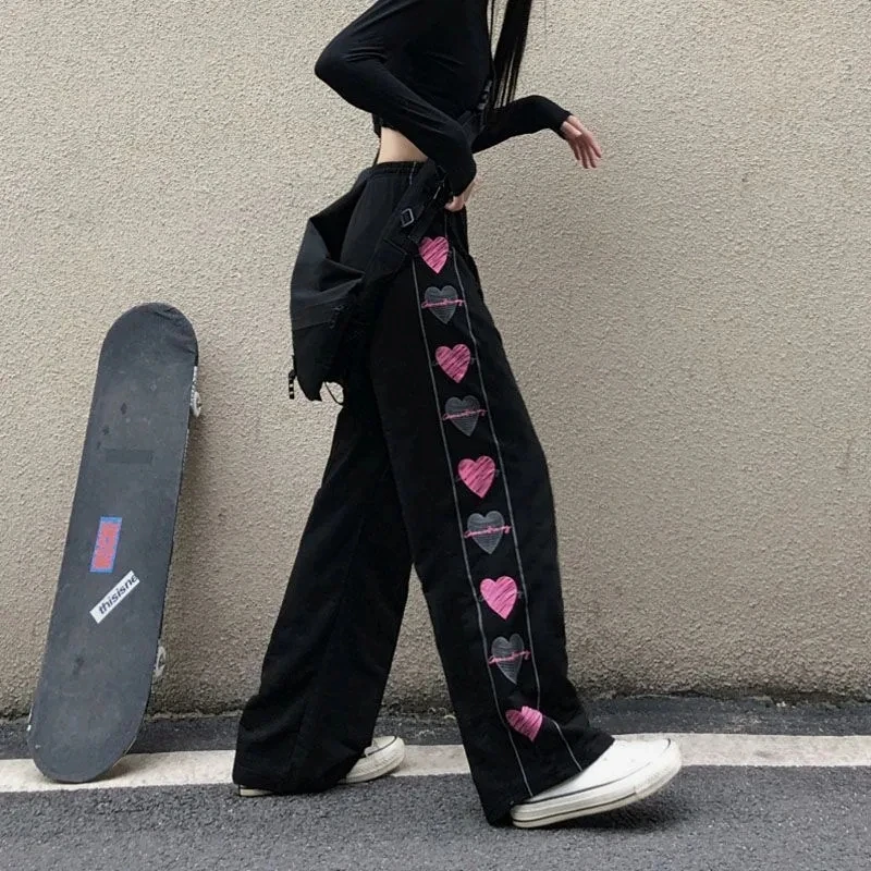 GIDYQ Heart Print Pants Women Y2k Streetwear Vintage Straight Casual Trouser Korean Harajuku Elastic Waist Wide Leg Sweatpants