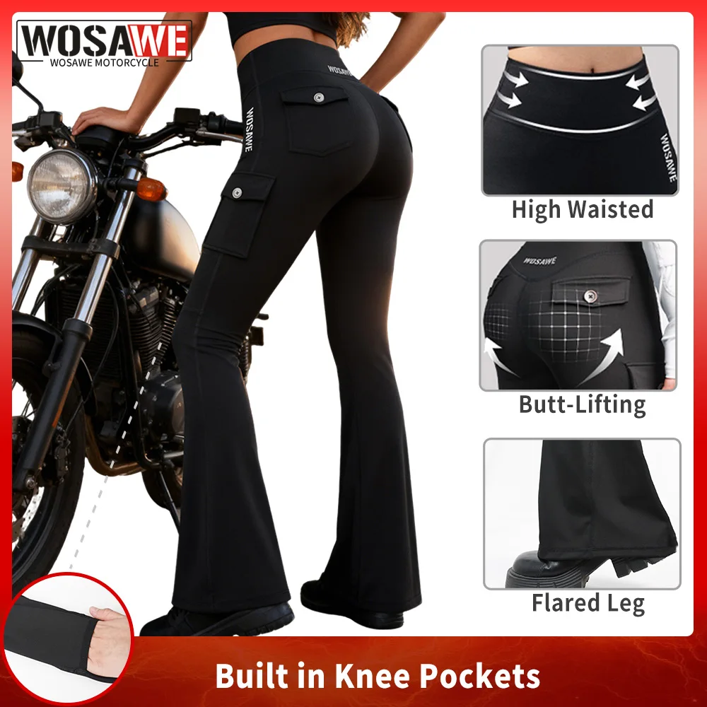 

WOSAWE Women Motorcycle Casual Pants High Waist Flare Leg Yoga Pants Push Up Butt Running Tights Wide Leg Pants Fitness Leggings