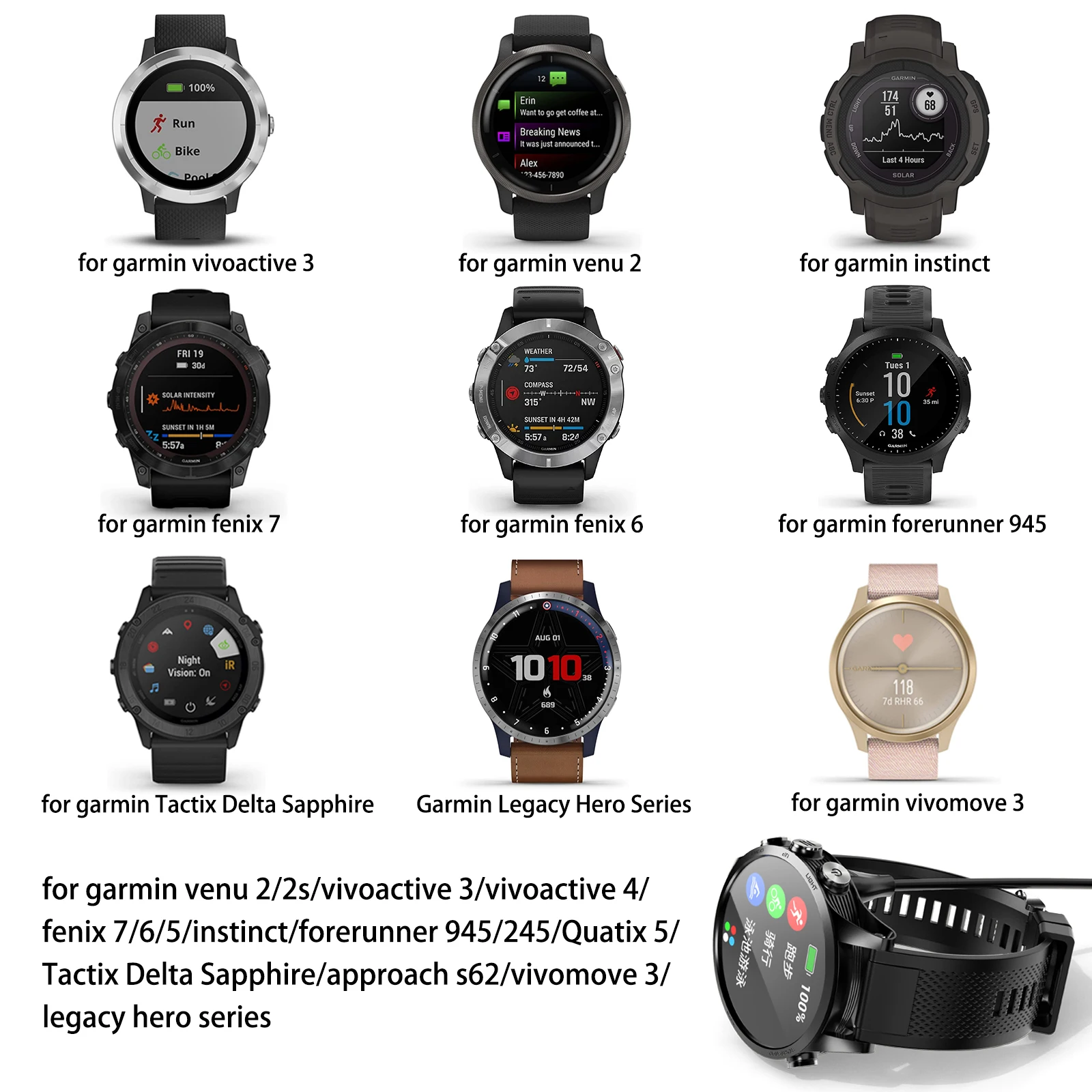 USB Charger Dock For Garmin Venu 2/2S/Vivoactive 3/4/Fenix 7/6/5/Instinct 2/Forerunner 945/245/Quatix 5/Approach S62 Vivomove 3