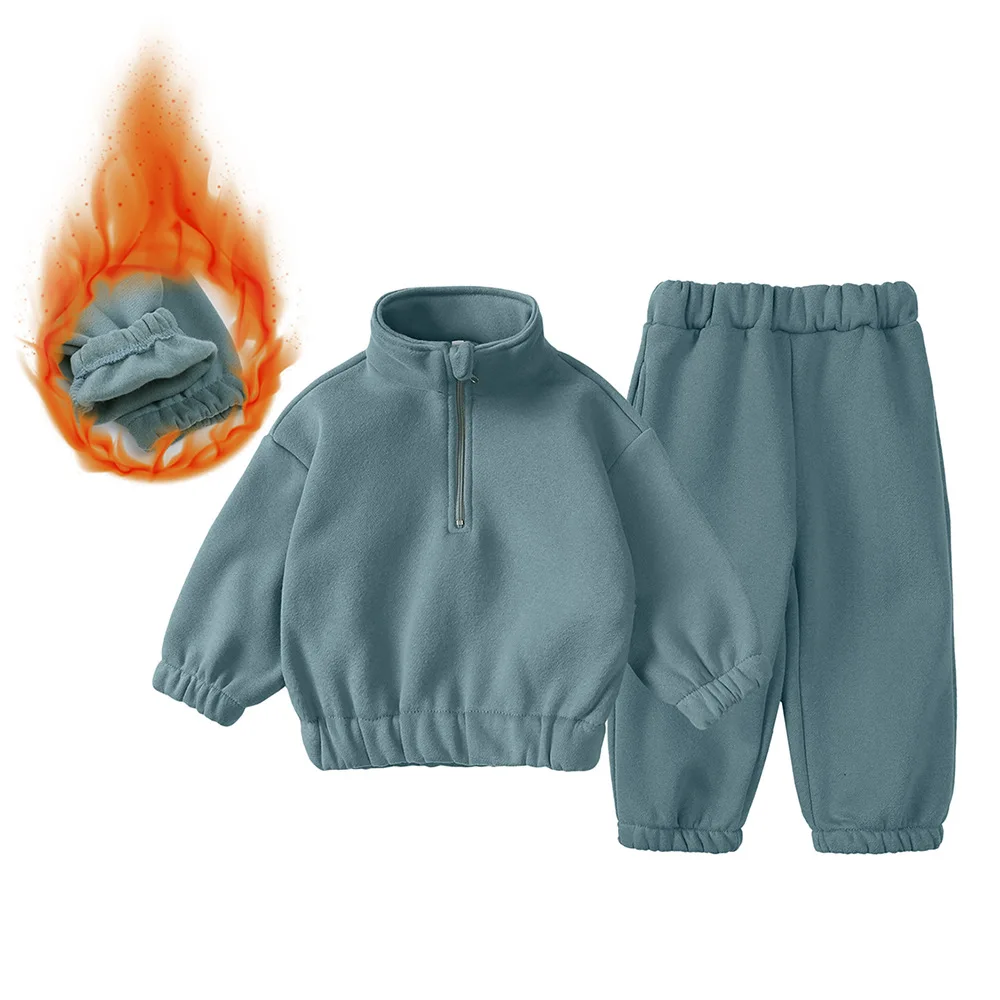 2026 Winter Boys And Girls Suit Fashion High-neck Semi-zipper Top Trousers Fleece Casual Suit Kids Clothes Sets Girls