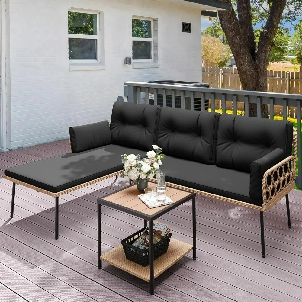 

Patio Furniture Set, 3-Piece Outdoor Wicker Conversation Sectional L-Shaped Sofa with 4 Seater, Cushions and Coffee Table