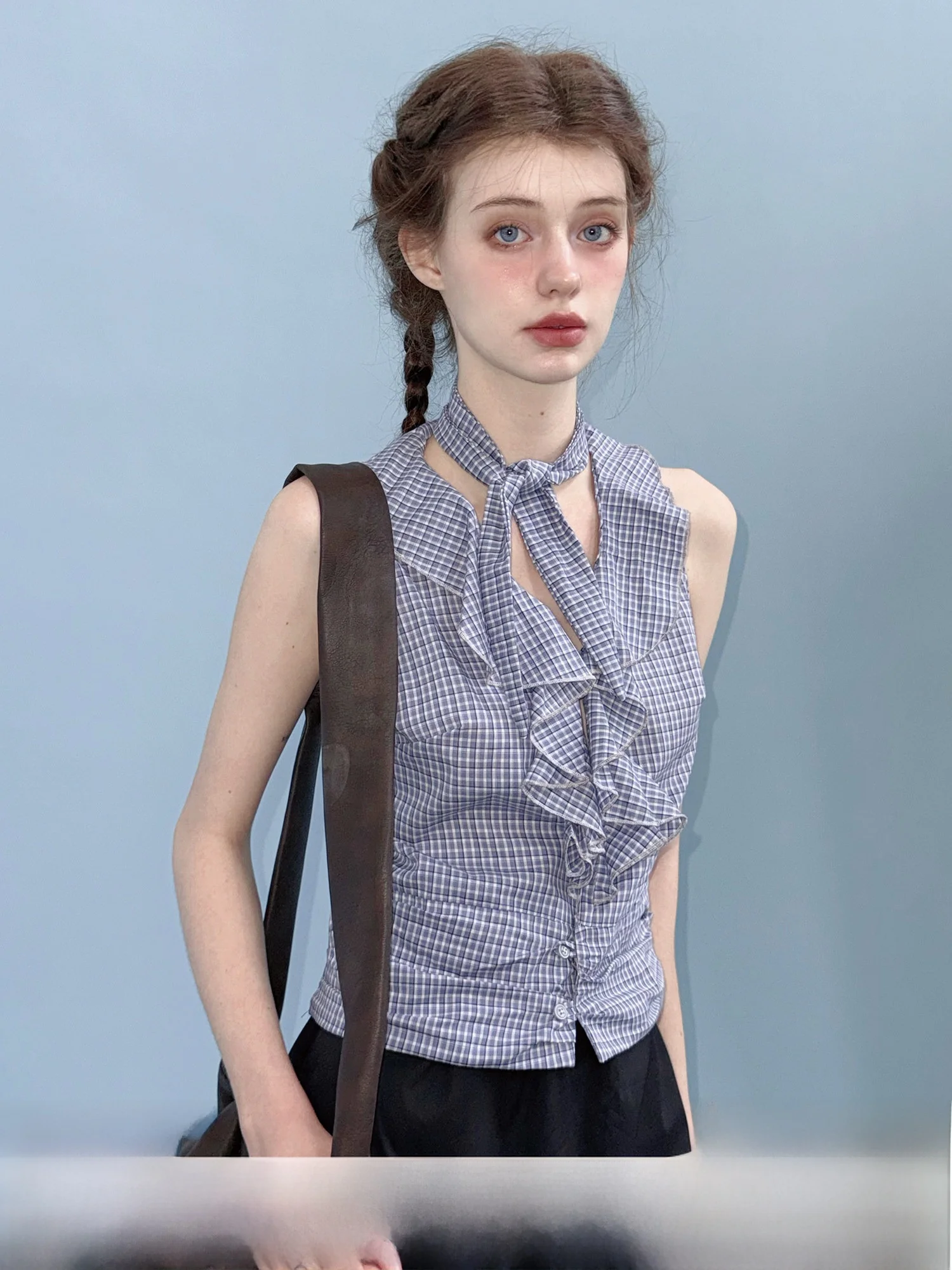 

Original Blue Plaid irt Waistcoat Women's Faion Commute Sle Pure Cotton Breathable V-ne Svel Top