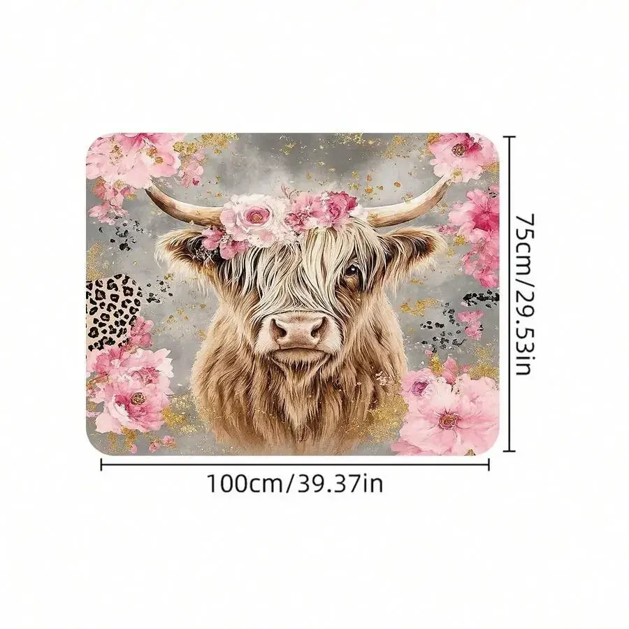 1 Piece, Scottish Highland Cow And Floral Style Car Trunk Mat, Pink Flowers And Leopard Print Pattern, Essential Travel Item,