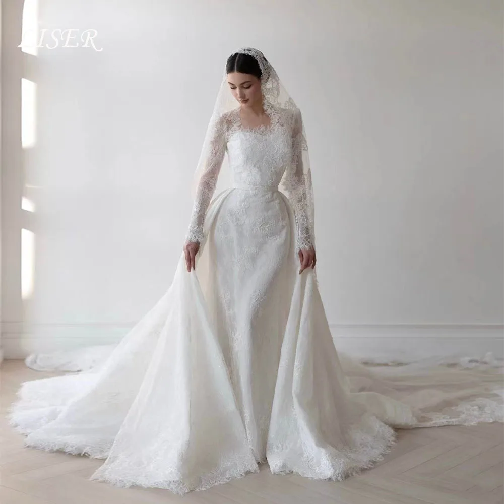 Liser Luxury Lace Wedding Dresses Full Sleeves Mermaid Deatchable Train Muslim Modest Bridal Gown Robe De Mariée Customized 2026