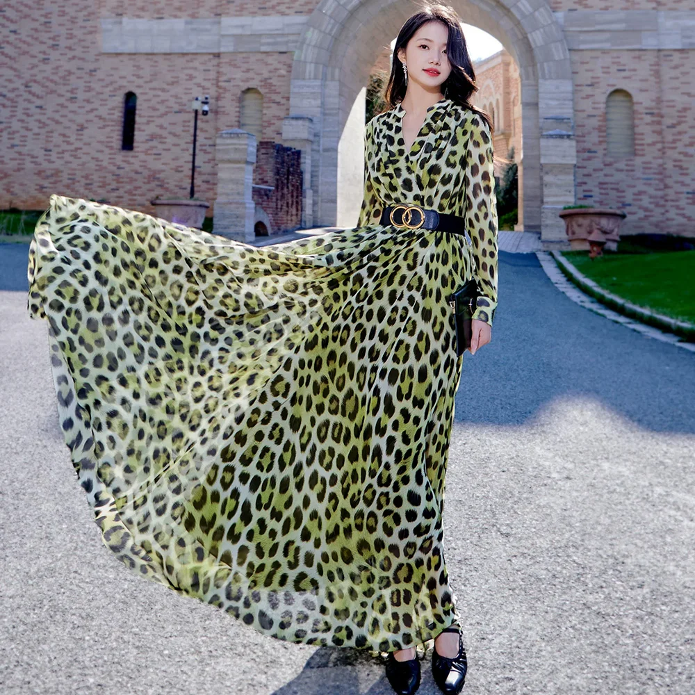 

New Women Light Green Leopard Long Dress Summer Fashion V-Neck Long Sleeve Slim Waist Holiday Dress Casual Flowing Print Dress