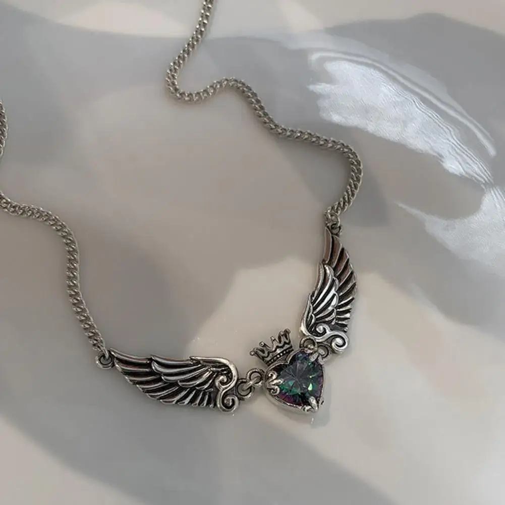 Trendy Fashion Collar  Faux Crystal Anti-rust Pendant Necklace  Vintage Gothic Angel Wings Necklace