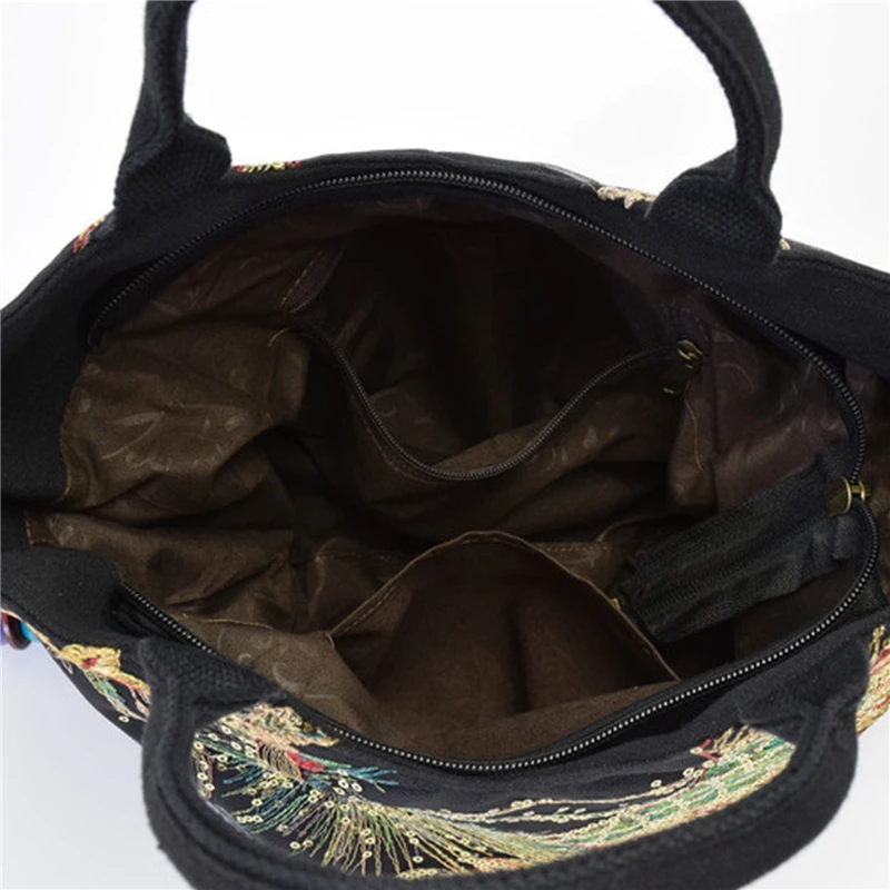 Shiny Sequins Peacock Embroidered Women Canvas Totes Bag, Summer Shopping Shoulder Bag Vintage Beaded String Handbag Black