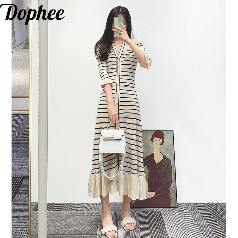 

High Quality Spring Summer Women Knitting Dress Colorblock Stripes Elegant V-neck Single-breasted Ultra Long Slim A-line Dresses