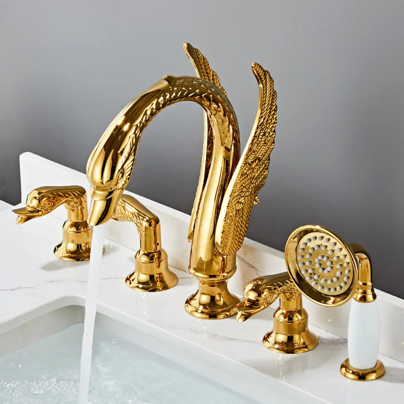 

Tuqiu Basin Faucet Gold Bathtub Faucet Shower Head Swan Widespread Basin Mixer With Hand Showe Head Hot And Cold Water Tap