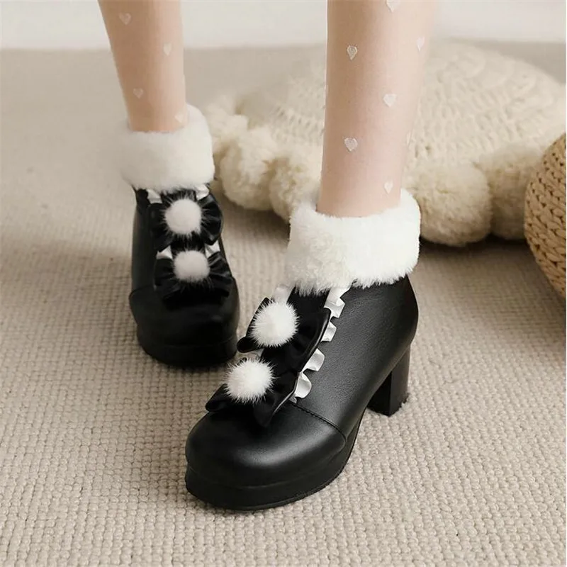 Winter Girls Lolita Boots Fur Round Toe Cosplay Princess Shoes High Heel Platform Women Ankle Boots Plush Warm Women Shoes 30-43