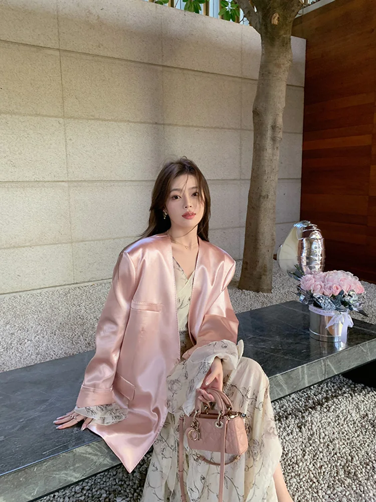 เสื้อแจ็คเก็ตผู้หญิงทรงหลวม แขนยาว ไม่มีปก ทำจากวัสดุอะซิเตท สีชมพู เหมาะสำหรับใส่ทำงานหรือเดินทางในฤดูใบไม้ผลิ