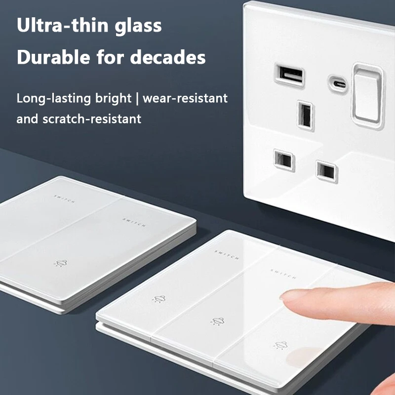 Ultra-thin White High Quality Glass Lighting Wall Switch, UK Wall 18W Type-C Fast Charge Usb Socket, Power 1/2/3/4Gang 1Way220V