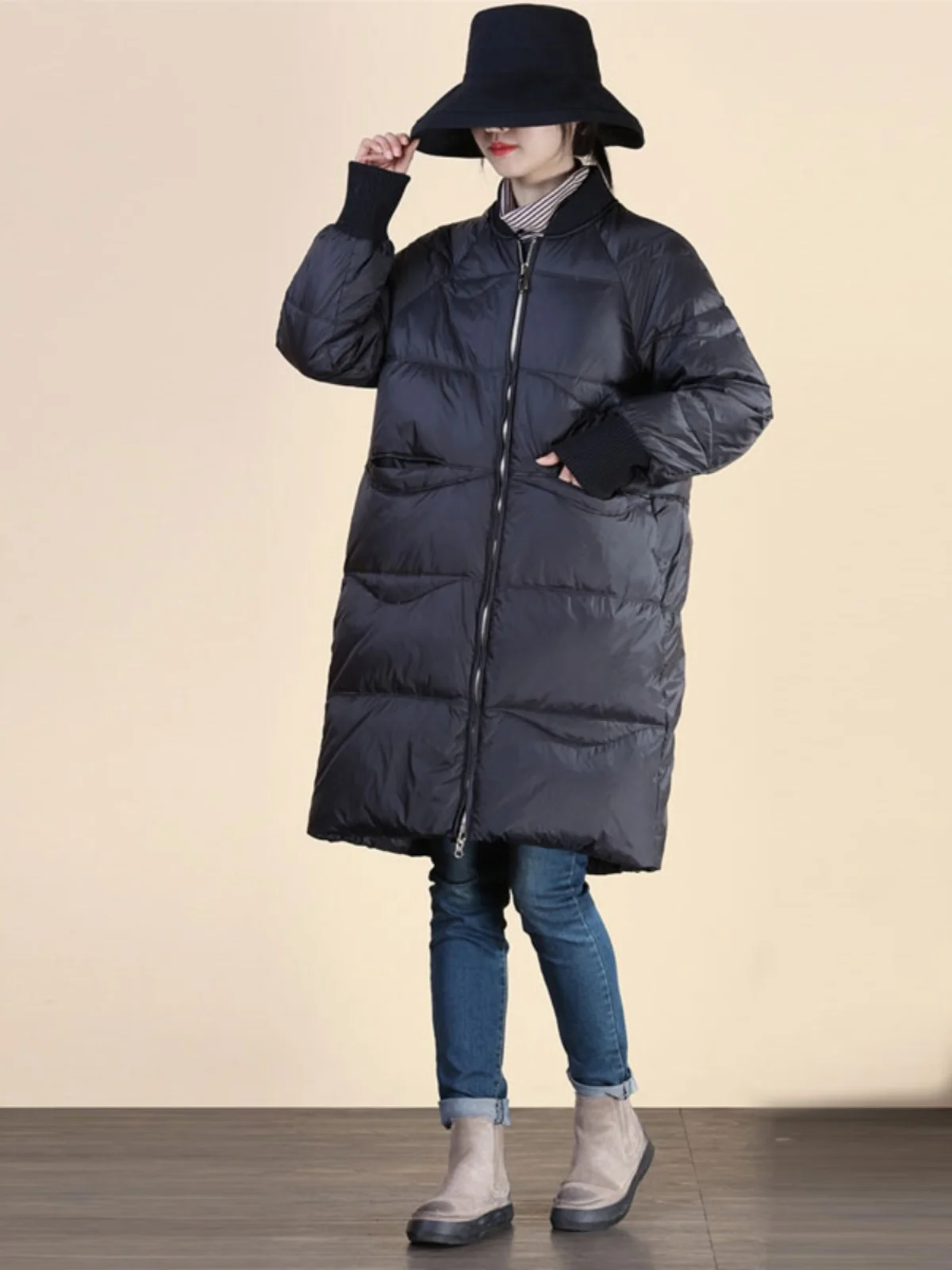 

Высококачественный ультра теплый осенне-зимний свободный бейсбольный воротник средней длины для похудения с воротником-стойкой до колена, женский пуховый джет