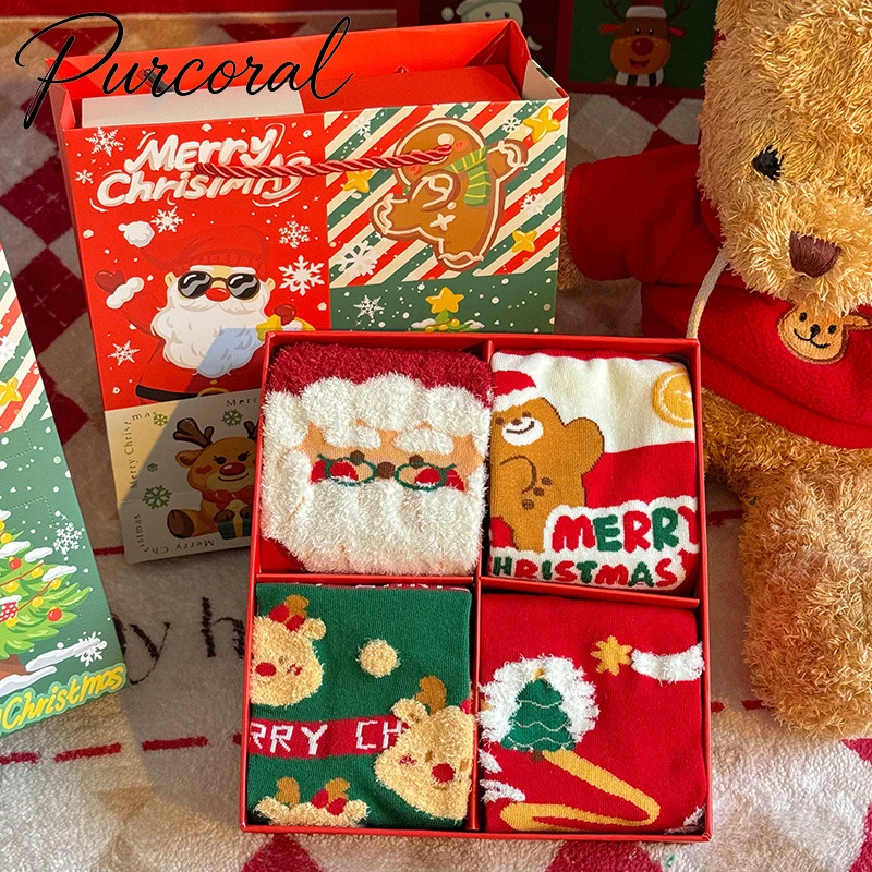 2026 New 4 Pairs Christmas Socks Gift Box with Handbag Xmas Cartoon Santa Bear Pattern Crew Socks Holiday Present Set