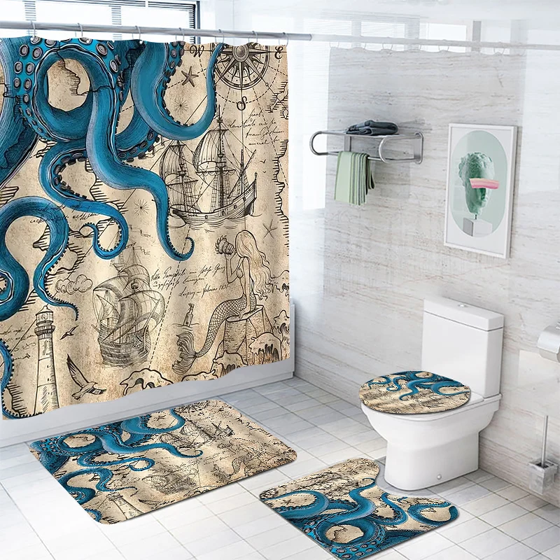 1/4pcs Vintage Nautical Octopus Printed Shower Curtain Set Bathroom Curtain With 12 Hooks Home Bathroom Partition Decoration