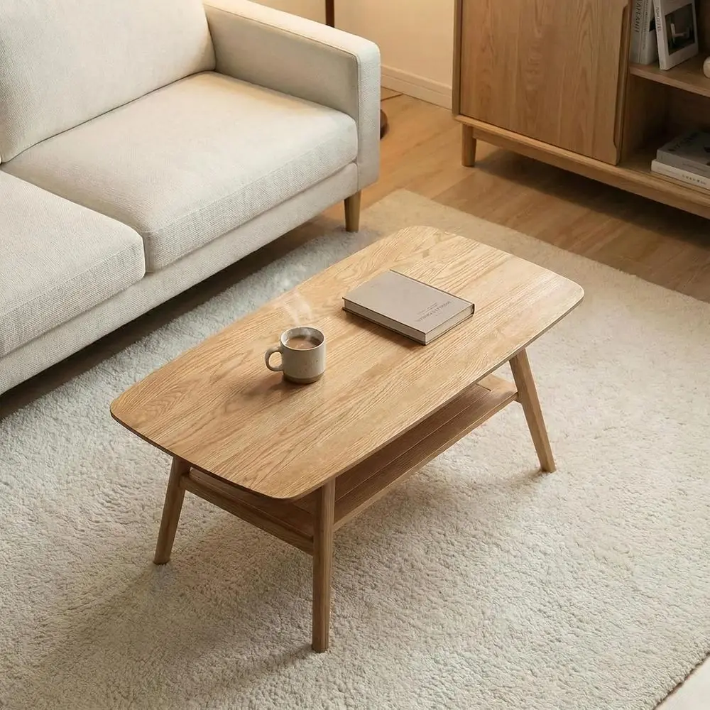 

100% Solid Wood 2-Tier Coffee Table - Natural Finish, 39.37 for Living Room Storage