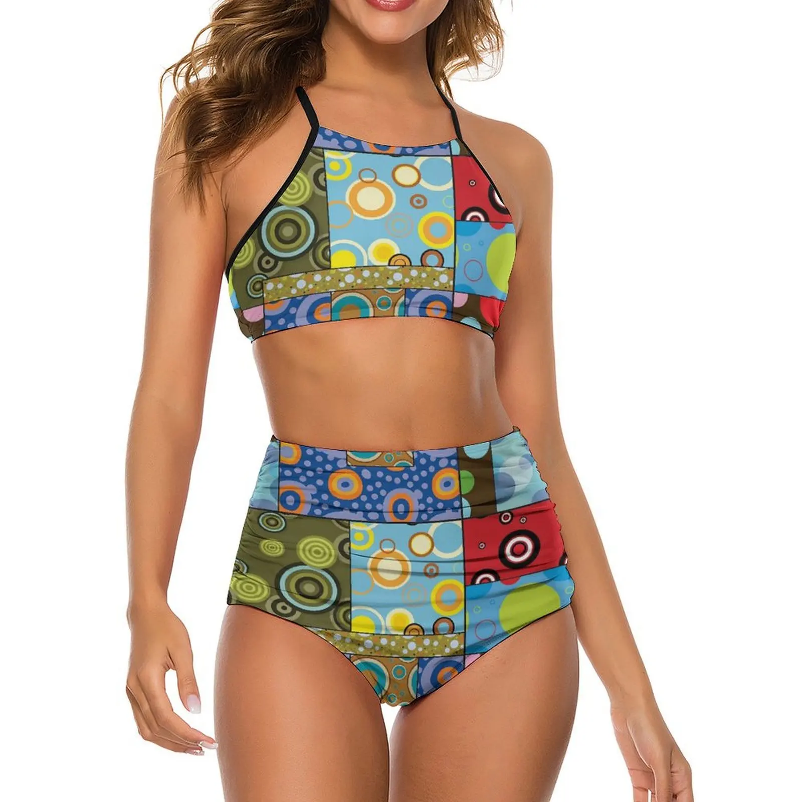 

Patchwork Print Bikini Swimsuit Sexy Retro 70s Polka Dots High Waist Bikini Set Women 2 Pieces Swimwear Bathing Suit Beachwear