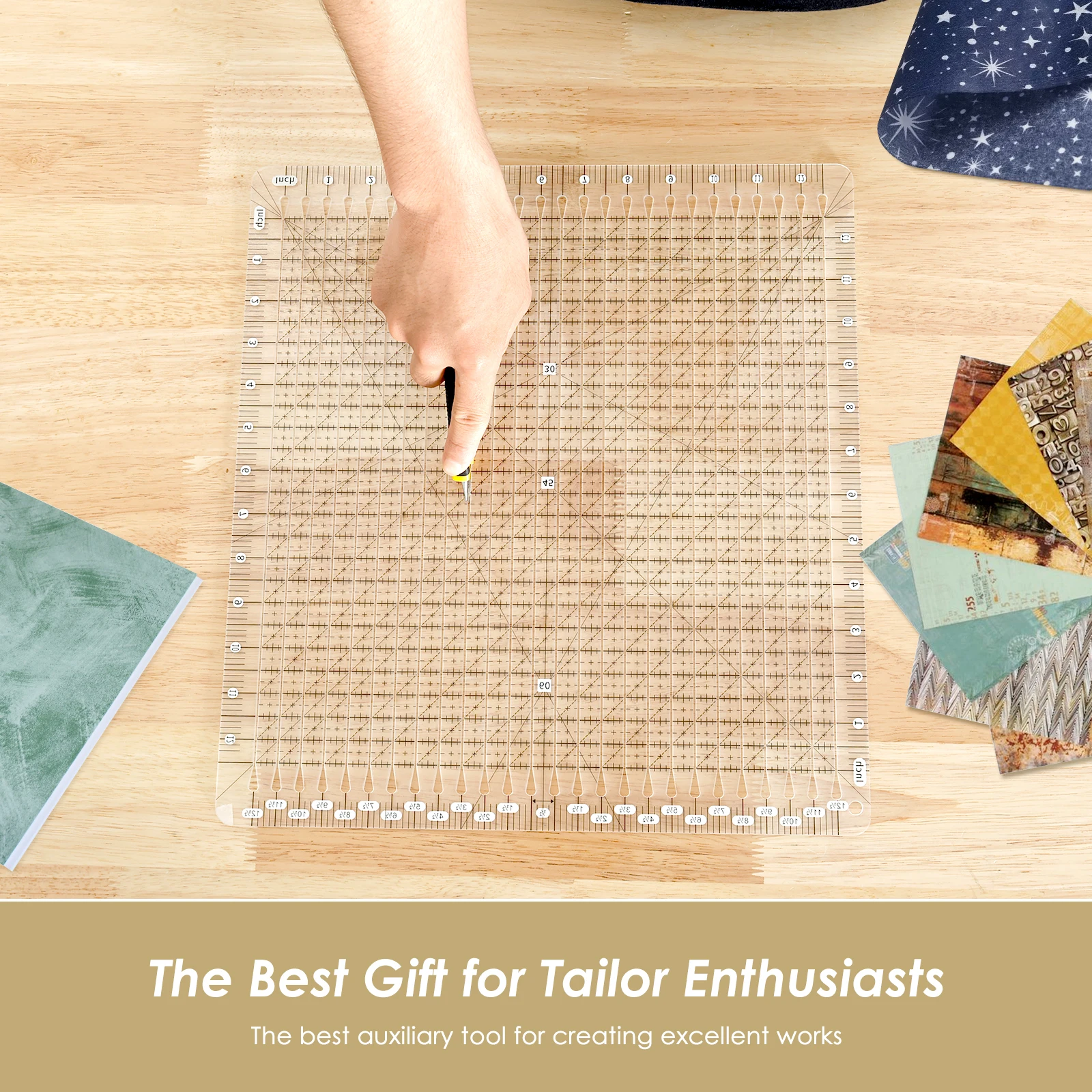 5-in-1 Quilting Ruler Cutting Assistant Clear Acrylic Quilting Template Easy to Read Square Fabric Cutting Ruler with Non Slip