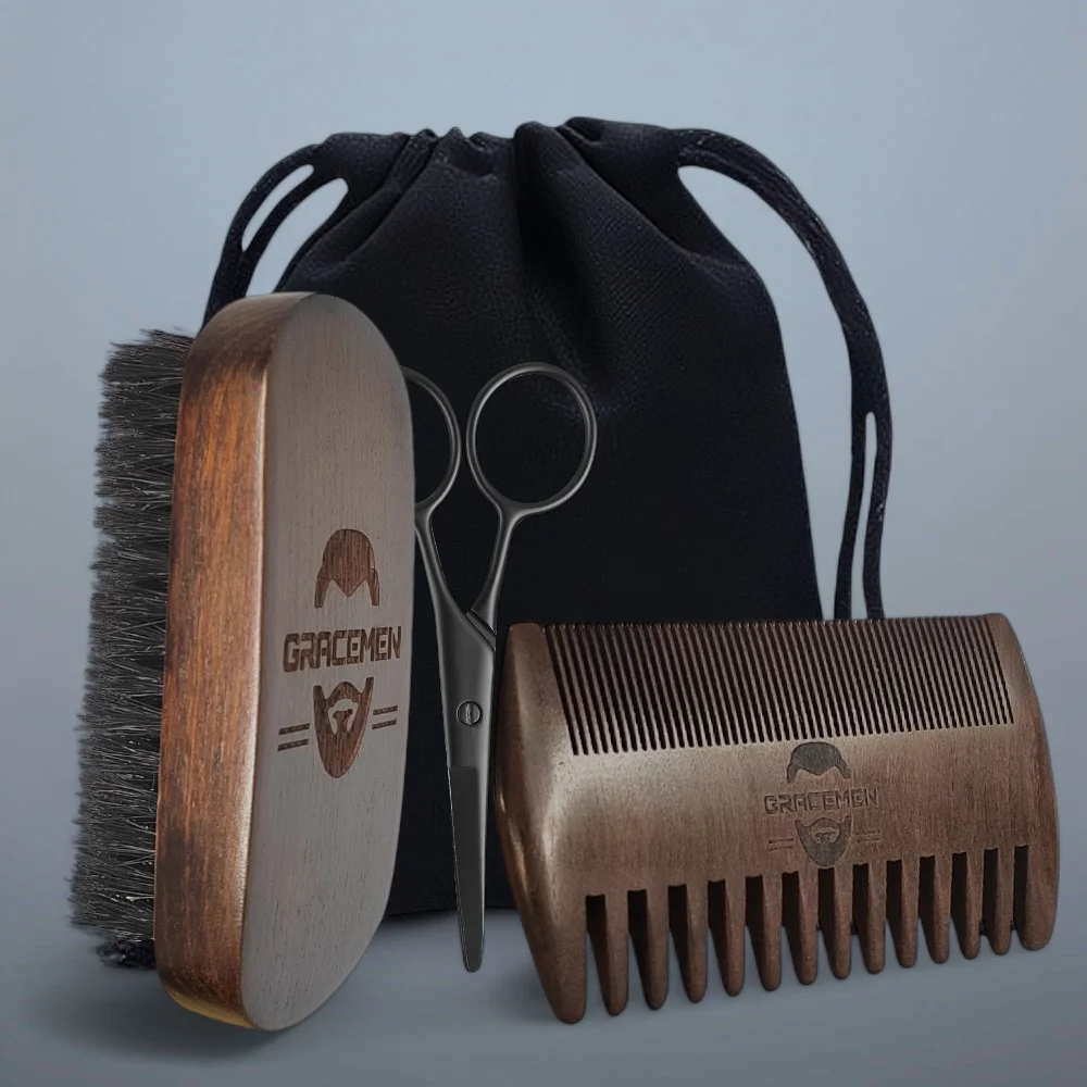 

Gracemen Beard Kit - Retro Beard Brush & Double Sides Comb & Stainless Steel Scissors Premium Gooming Set for Men With Bag