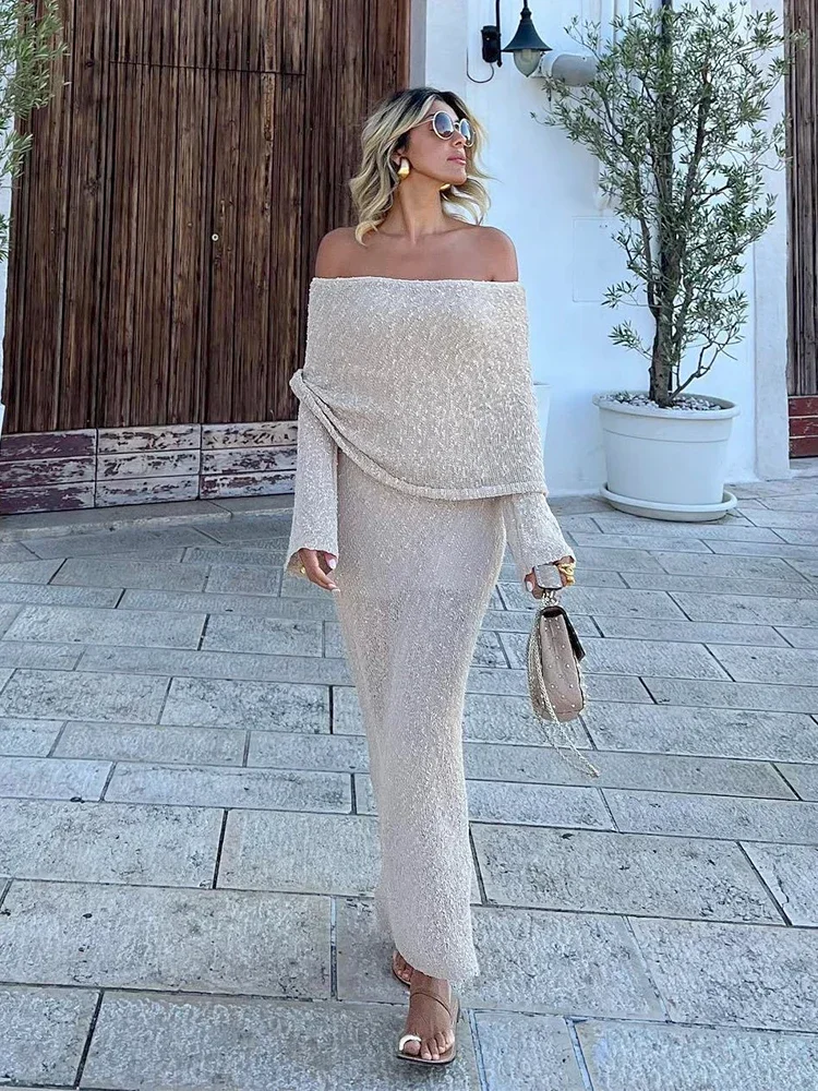 

Elegant Women Knitted One Neck Long Sleeve Sexy See-through Beach Wrap Dress 2024 Autumn Party Beachwear Maxi Dresses A2840