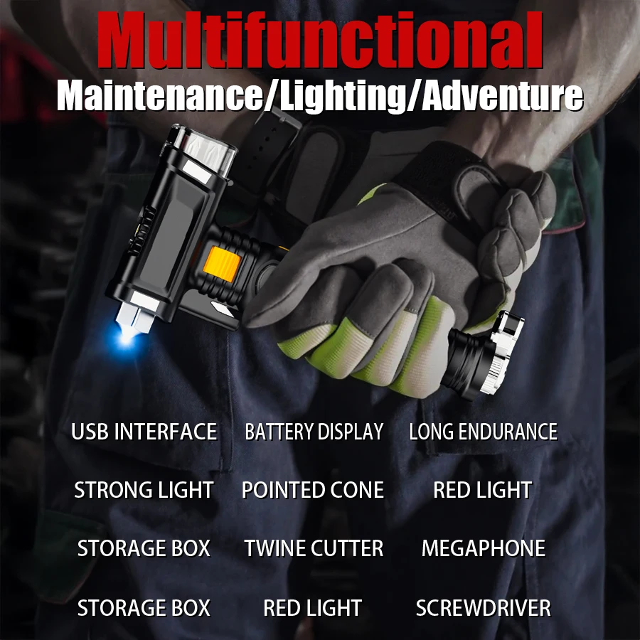 16-in-1 Broken Window LED Flashlight USB Rechargeable Zoom Flashlight Emergency COB Distress Signal Beeping Sound Security Torch view 3