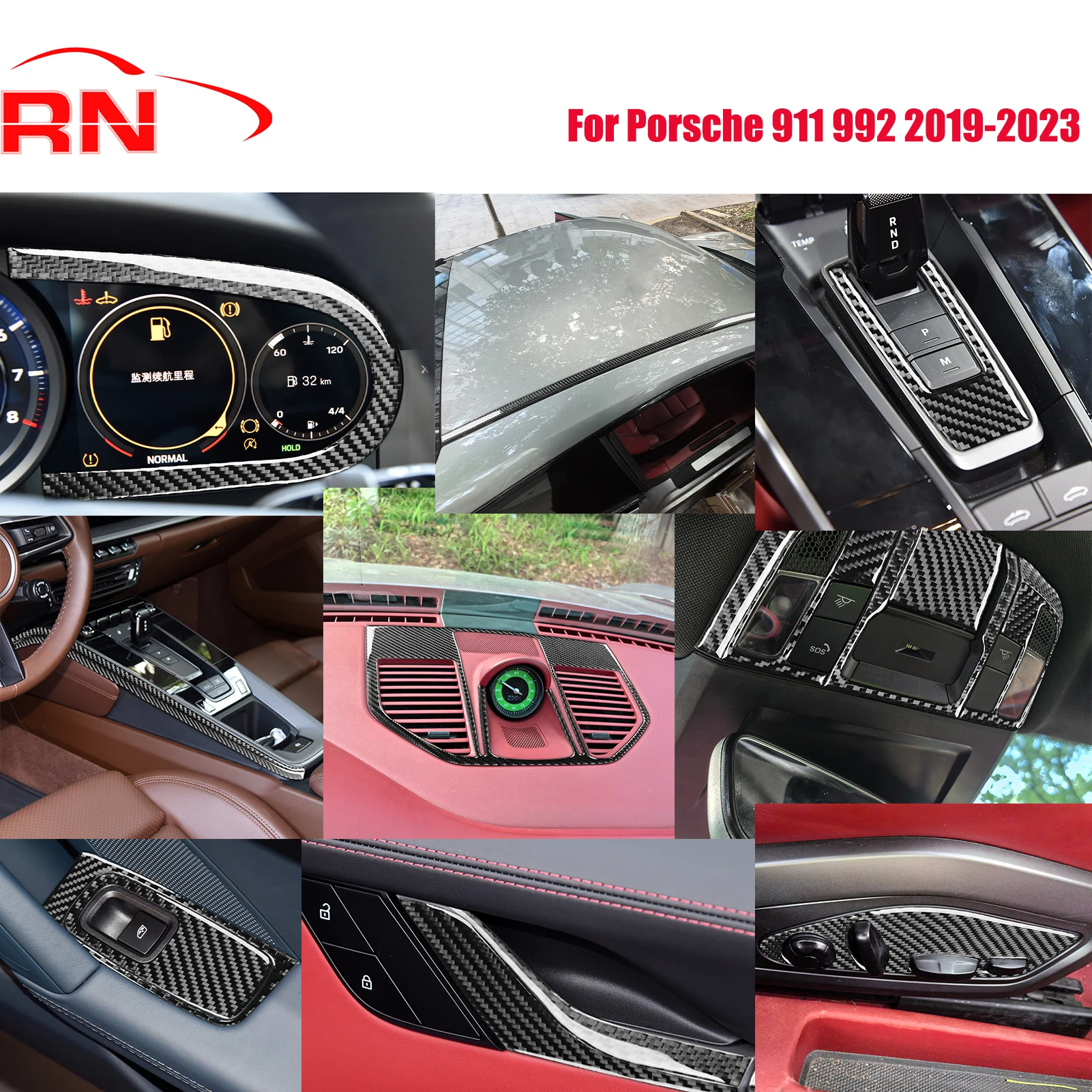 

For Porsche 911 992 2019-2023 Modified Black Carbon Fibre Car Seat Gear Full set of interior accessories decorative stickers