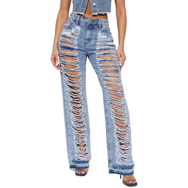 Sky Blue Fashion Broken Holes Jeans Women Ripped Vintage High Waist Denim Trousers Female New High Waist Ripped Pants Streetwear