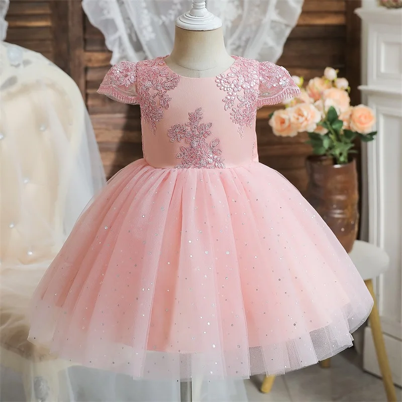 Abiti da festa per il primo compleanno delle ragazze del bambino Fiocco carino Principessa per bambini Abito corto in tulle di pizzo Abiti per