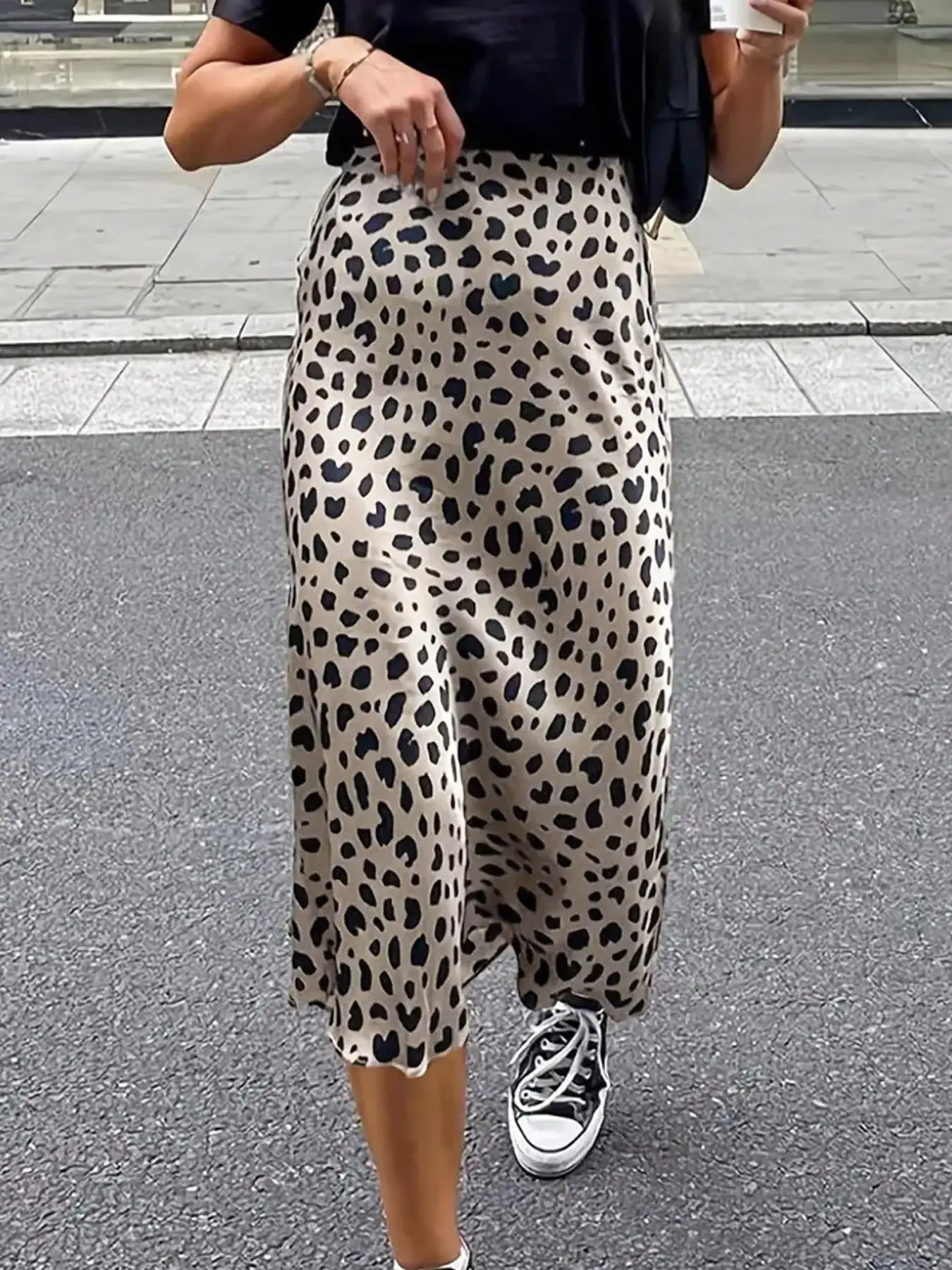 

Women's Polka Dot Midi Skirt, High Waist A-Line Flowy Satin Skirt, Casual Summer