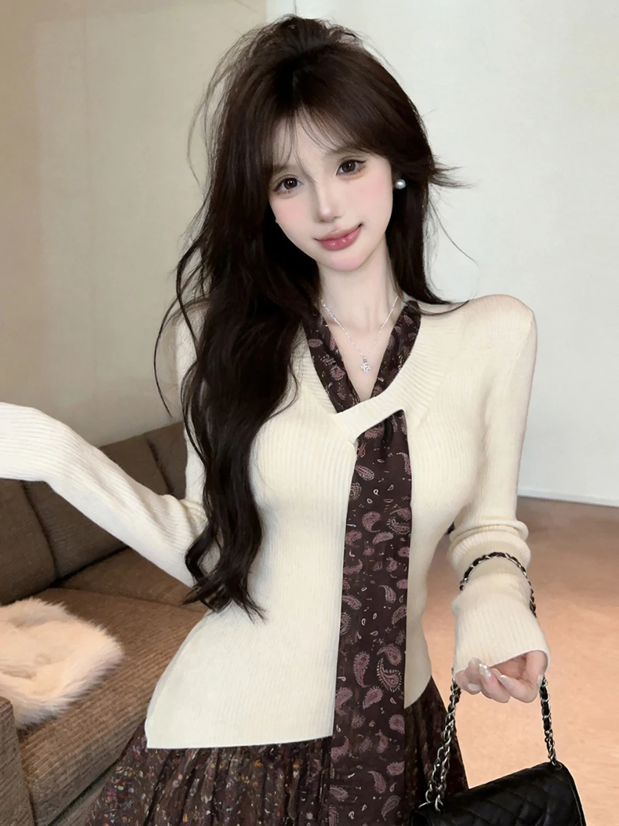 Long Sleeve Knitted Sweater with Sash Sexy Overhead Slim Fit Korean Style Top Irregular Floral Silk Scarf Casual V-neck Knitt...