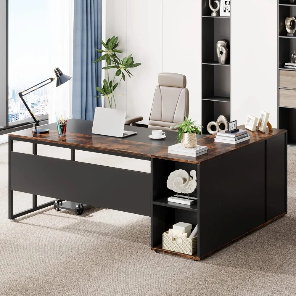 

71 inch Executive Desk, L Shaped Desk with Cabinet Storage, Executive Office Desk with Shelves, Business Furniture Desk