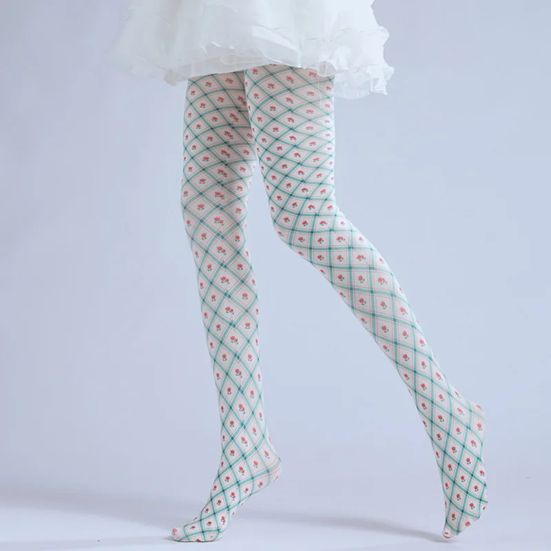 Lolita Tights Body Stockings Women Cute Grid Flowers Hosiery Leggings Sweet Girl High Waist Elastic Slim Pantyhose Ballet Socks