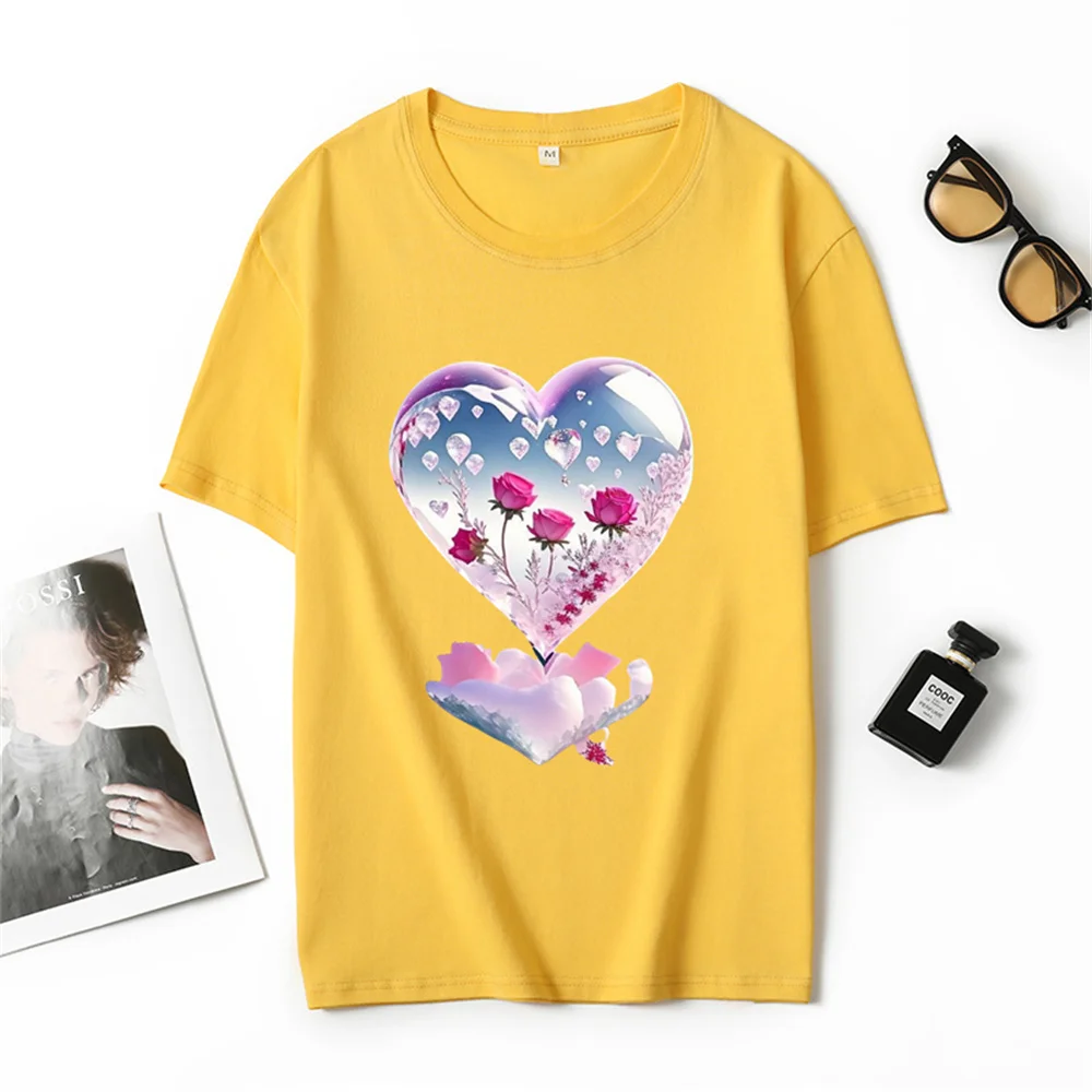 Rotten balloon heart-shaped print Cotton short-sleeved women's couple T-shirt round neck loose shirt