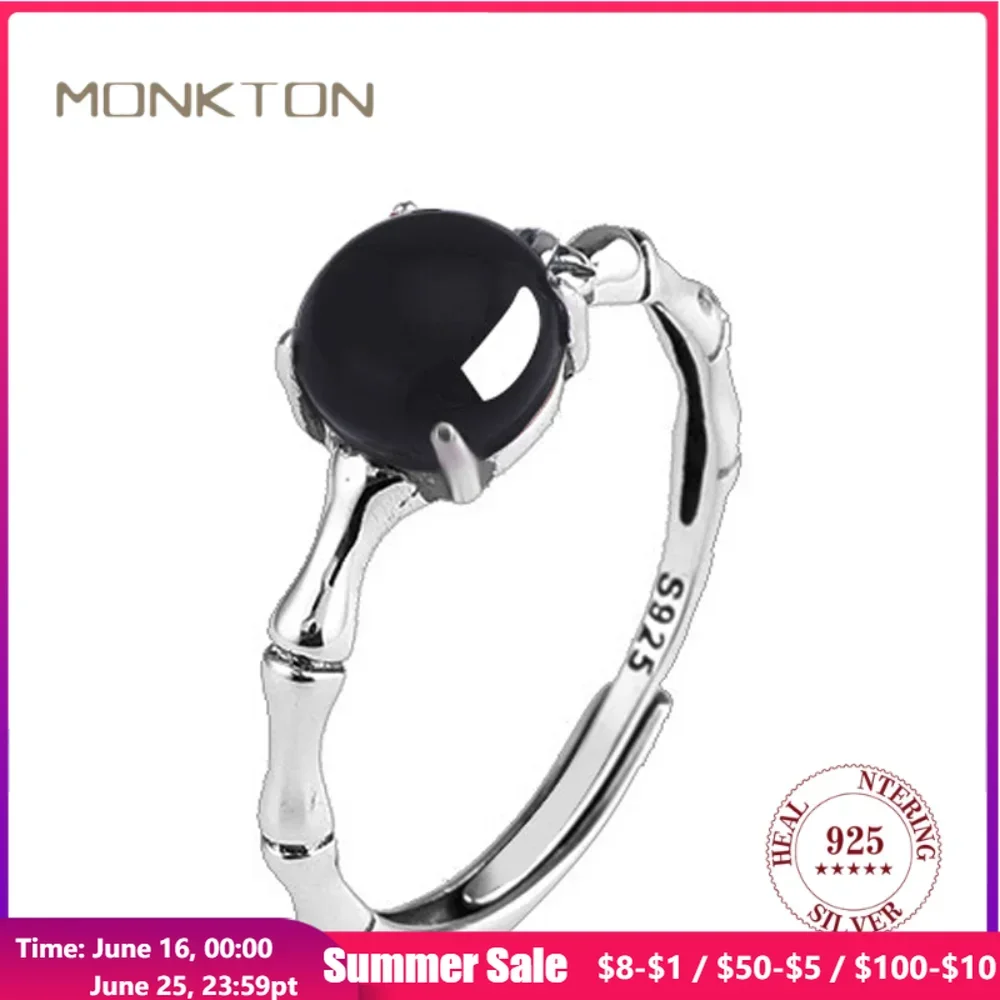 

Monkton New In 925 Sterling Silver Black Agate Rings for Women Vintage Bamboo Joint Design Onyx Open Ring Luxury Jewelry Gifts