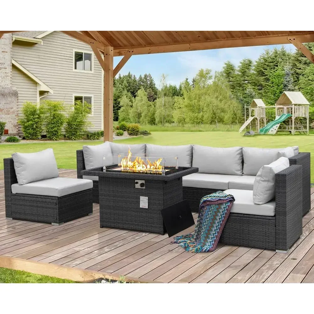 7 Piece Extra Large Patio urniture Set with ire Pit, Comortable 6-Person Outdoor Sectional Soa Sets with Highback Wide Deep Seat