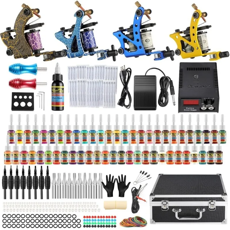 

Complete Tattoo Kit 4 Pro Machine Guns 54 Inks Power Supply Foot Pedal Needles Grips Tips Carry Case