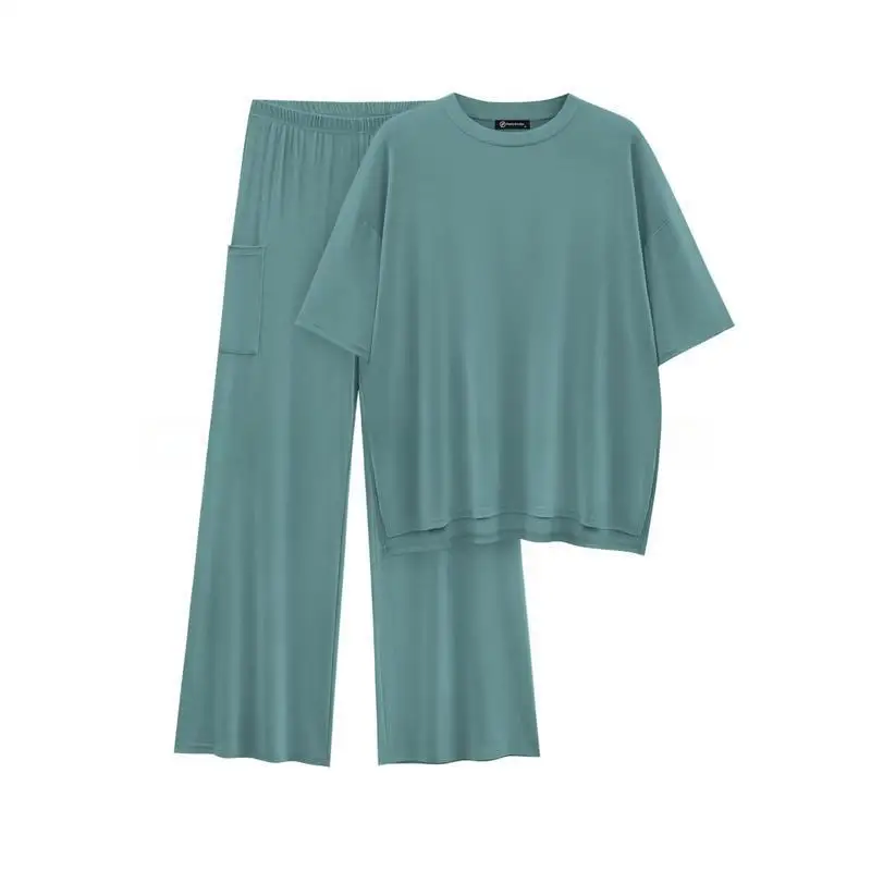 2025-new-women's-pure-color-round-neck-short-sleeve-casual-loose-home-sleepwear-set-comfortable-breathable-soft-material
