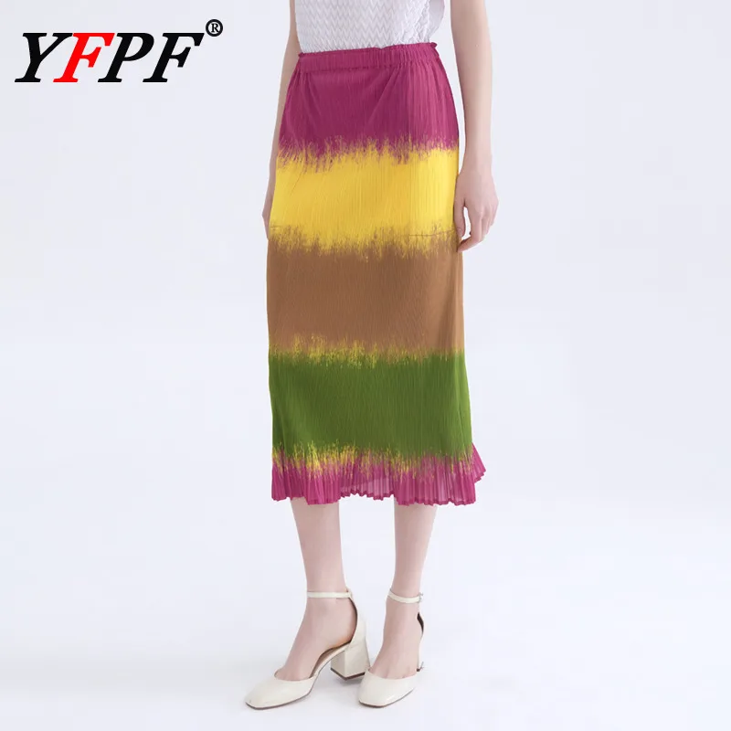 

YFPF Colorful Printing Design Skirt Women Miyake Pleated Design Contrast Color Long Skirt Elegant 2025 New Clothing Fashion
