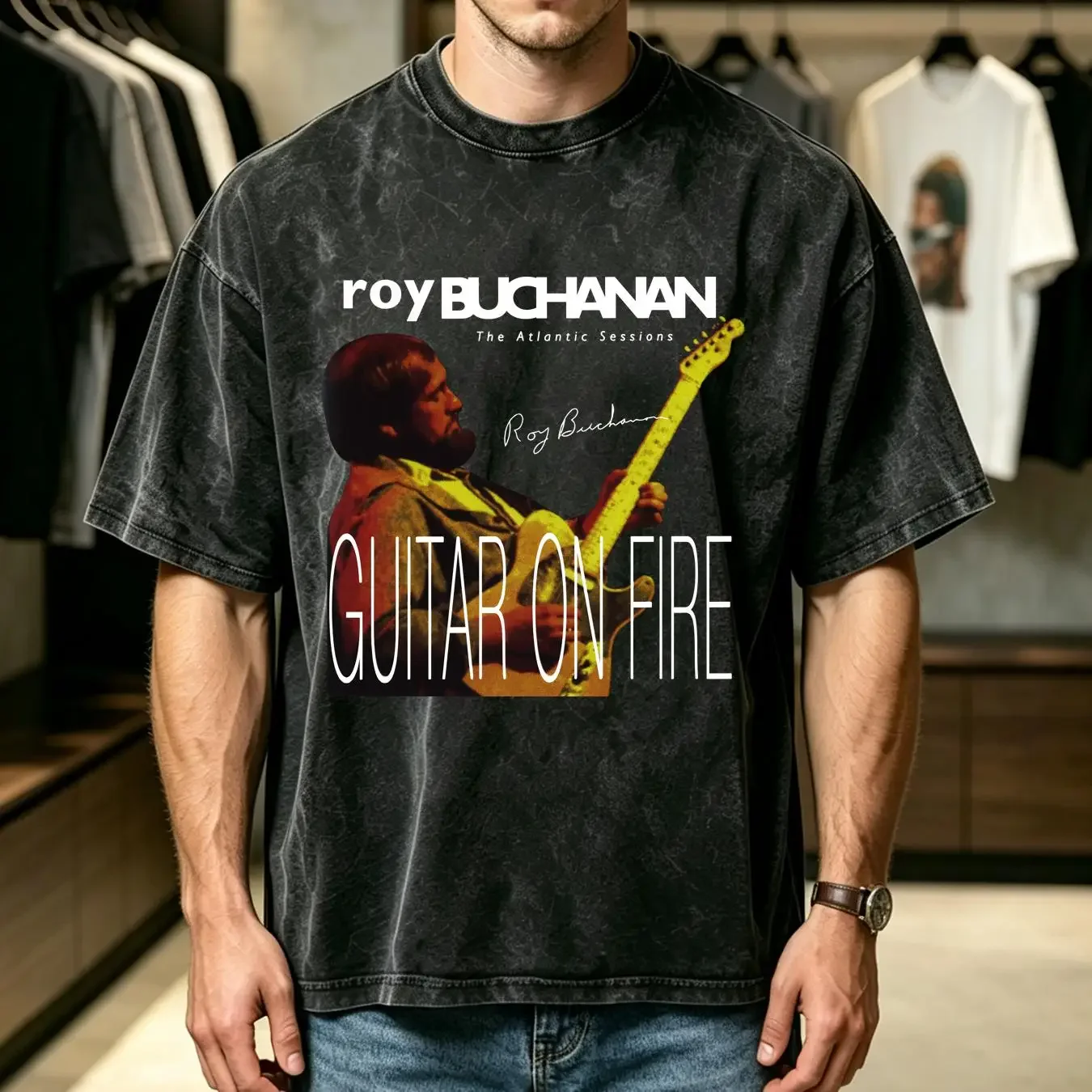 washed T Shirt New Roy Buchanan Guitar on Fire The Atlantic All Size S to 5XL 1T196 vintage Washed Unisex Stylish graphic