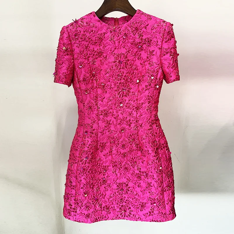 2024 New European and American Star Fashion Rose Pink Series Jacquard Heavy Industry Nail Bead Short sleeved Dress