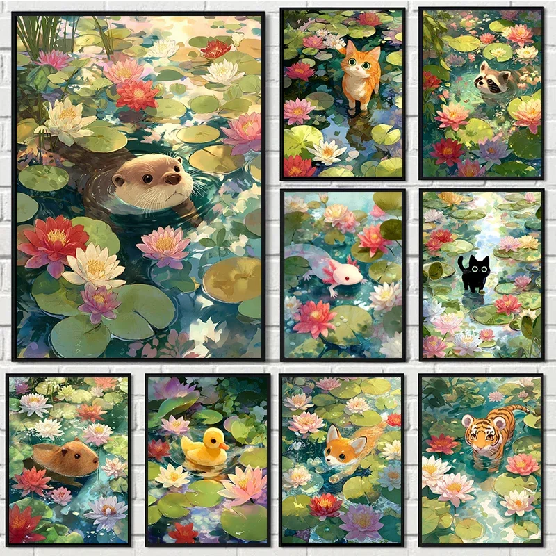 Multiple sizes 1pc frameless Canvas Painting,Cute Animals in Lily Pond Poster Otter Axolotl Cat Cub Prints Canvas Painting Wall