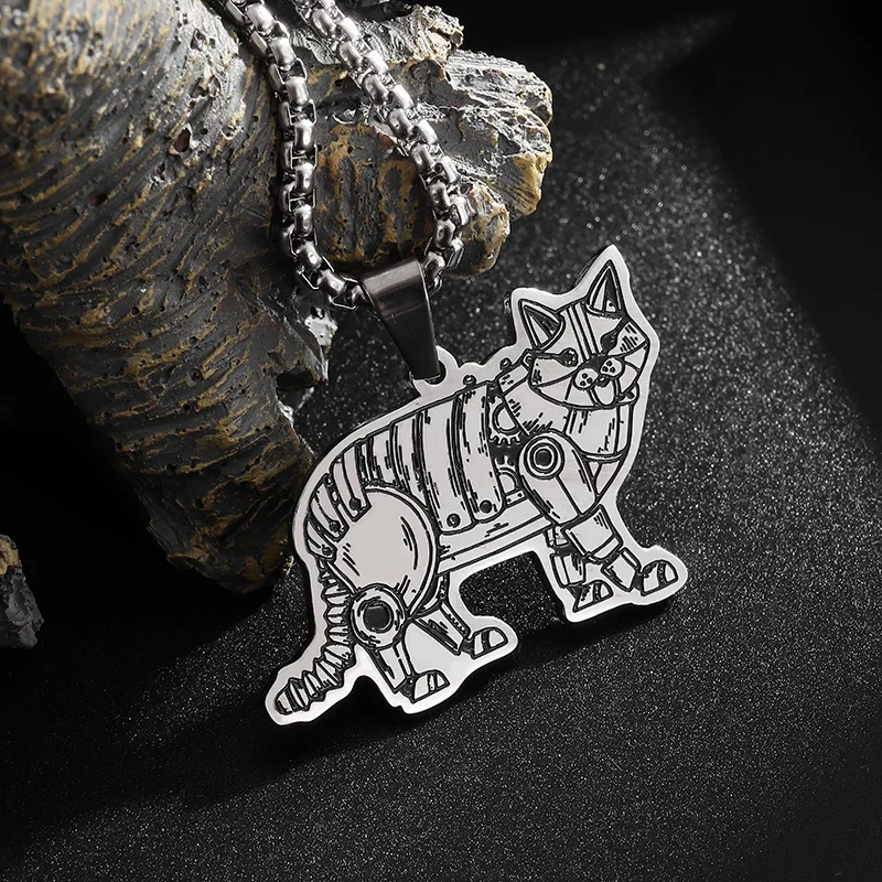 Fashionable Stainless Steel Steam Wind Mechanical Cat Pendant Necklace for Men and Women Hip Hop Punk Jewelry Gift