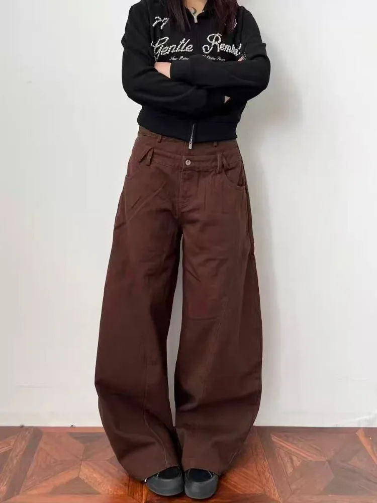 Women's Fake Two-piece Double Waistband Sweatpants Solid Color Casual Bottoms Denim Pant Female High Waist Wide Leg Trousers