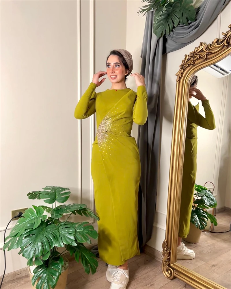 Noble Popular Chartreuse O Neck Prom Dress Tight Ankle-Length With Long Sleeves Evening Summer Party Dress For Women2023