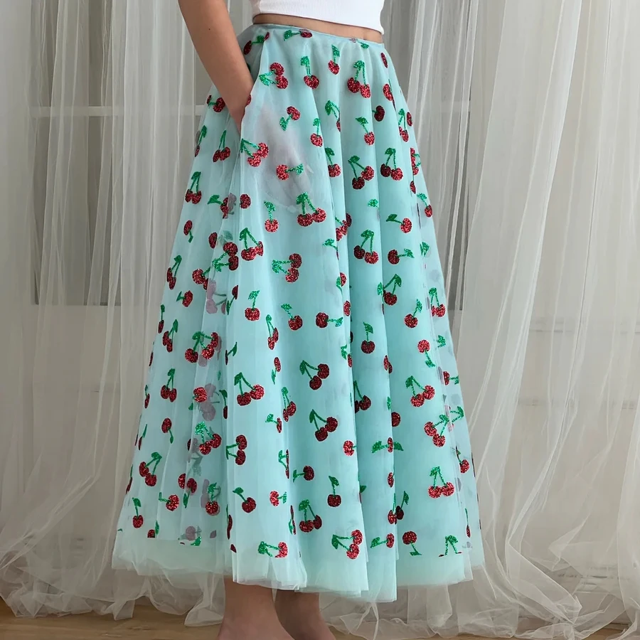 

2025 г., женская милая длинная юбка трапециевидной формы, стильная блестящая юбка со средней посадкой клубники/вишня/лимонной сетки