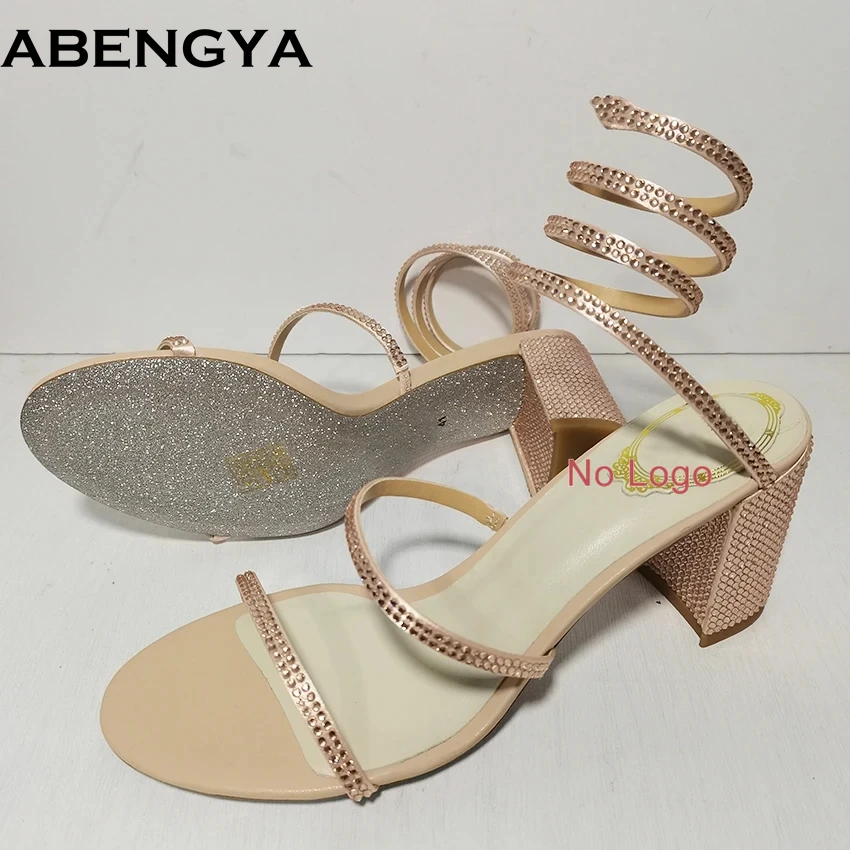 

Летние босоножки на массивном каблуке, женские свадебные туфли в форме змеи с блестящими кристаллами, пикантные сандалии-гладиаторы на высоком каблуке с открытым носком
