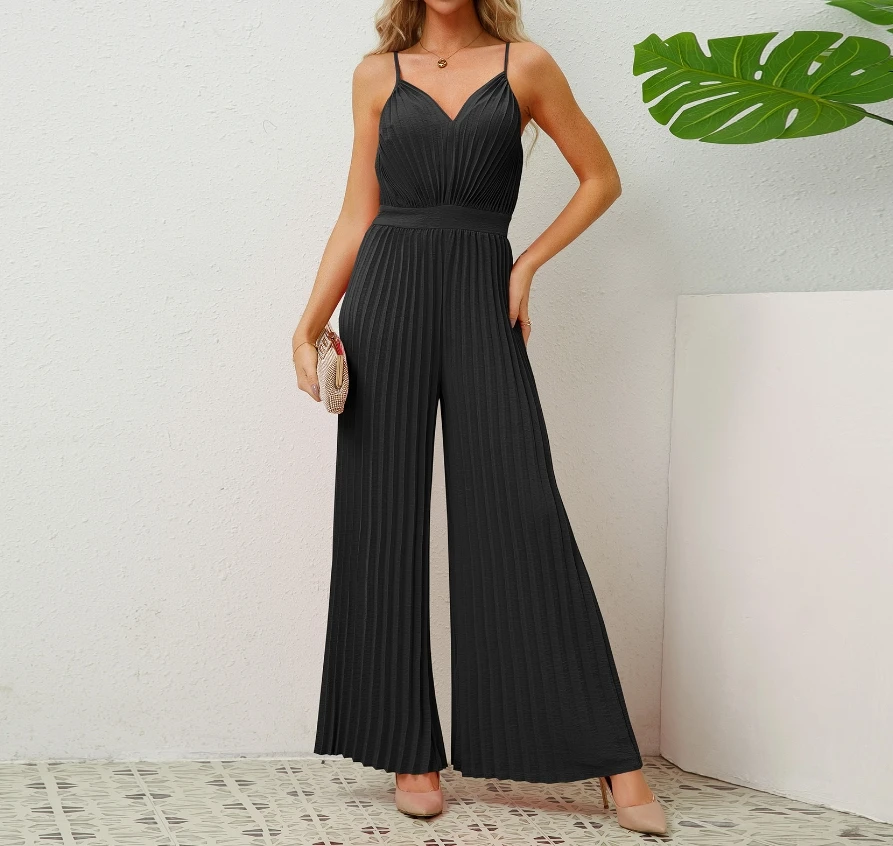 Women's Jumpsuit 2024 Spring/summer Latest Commuting Style V-Neck Strap Sleepless Wrinkles Loose Fitting Pleated Romper Bodysuit