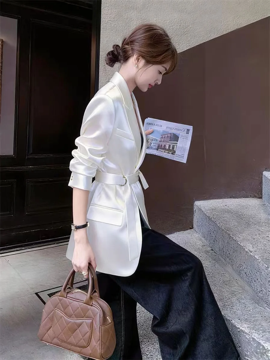 

White Satin Belted Suit Jacket for Women Commute Friendly Elegant Style Loose Fit Spring 2026 Fashion Ladies Short Outerwear
