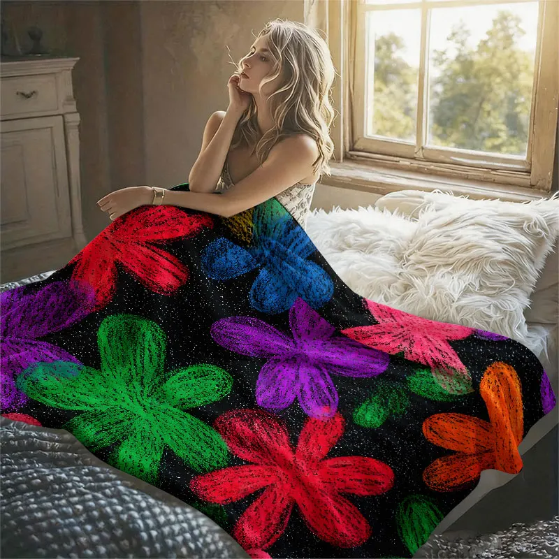 Crayon Flowers Glitter Black Flannel Blanket Perfect for Sofa Office Bed Travel Sleep Read Relax Camping Four Season Use